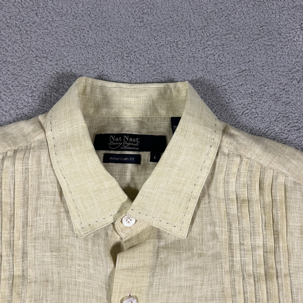 Nat Nast Shirt Mens Large Yellow Linen Button Up Short Sleeve Beach Preppy - Picture 4 of 12